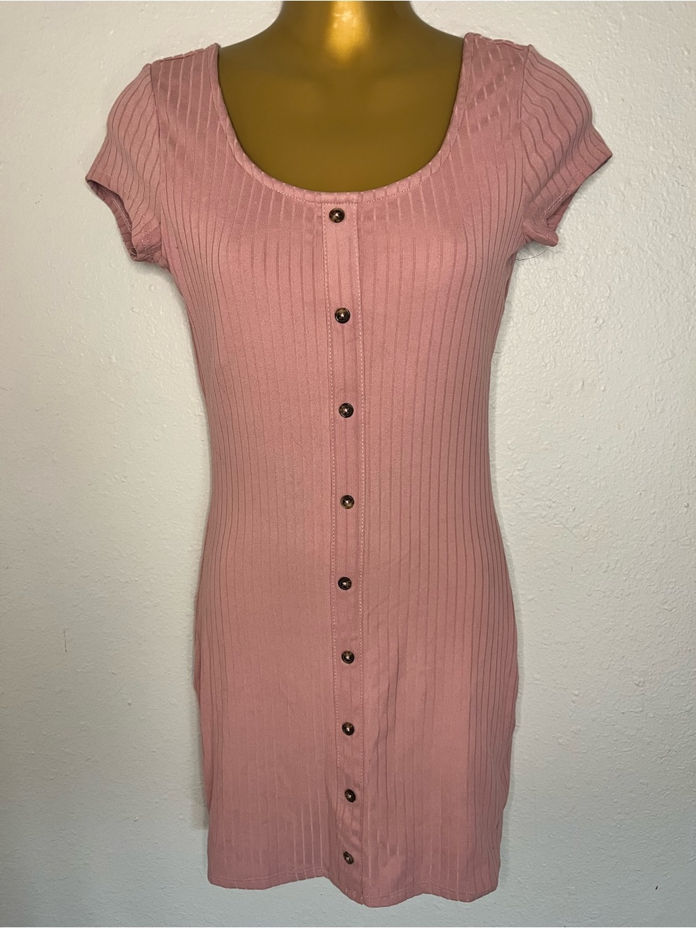 Ribbed Scoop Neck Button Front Pink Dress